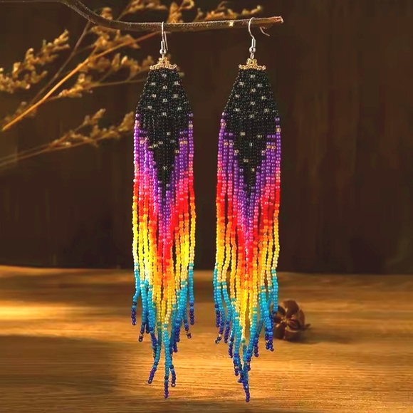 Colorful Beaded Fringe Earrings - Picture 3 of 5